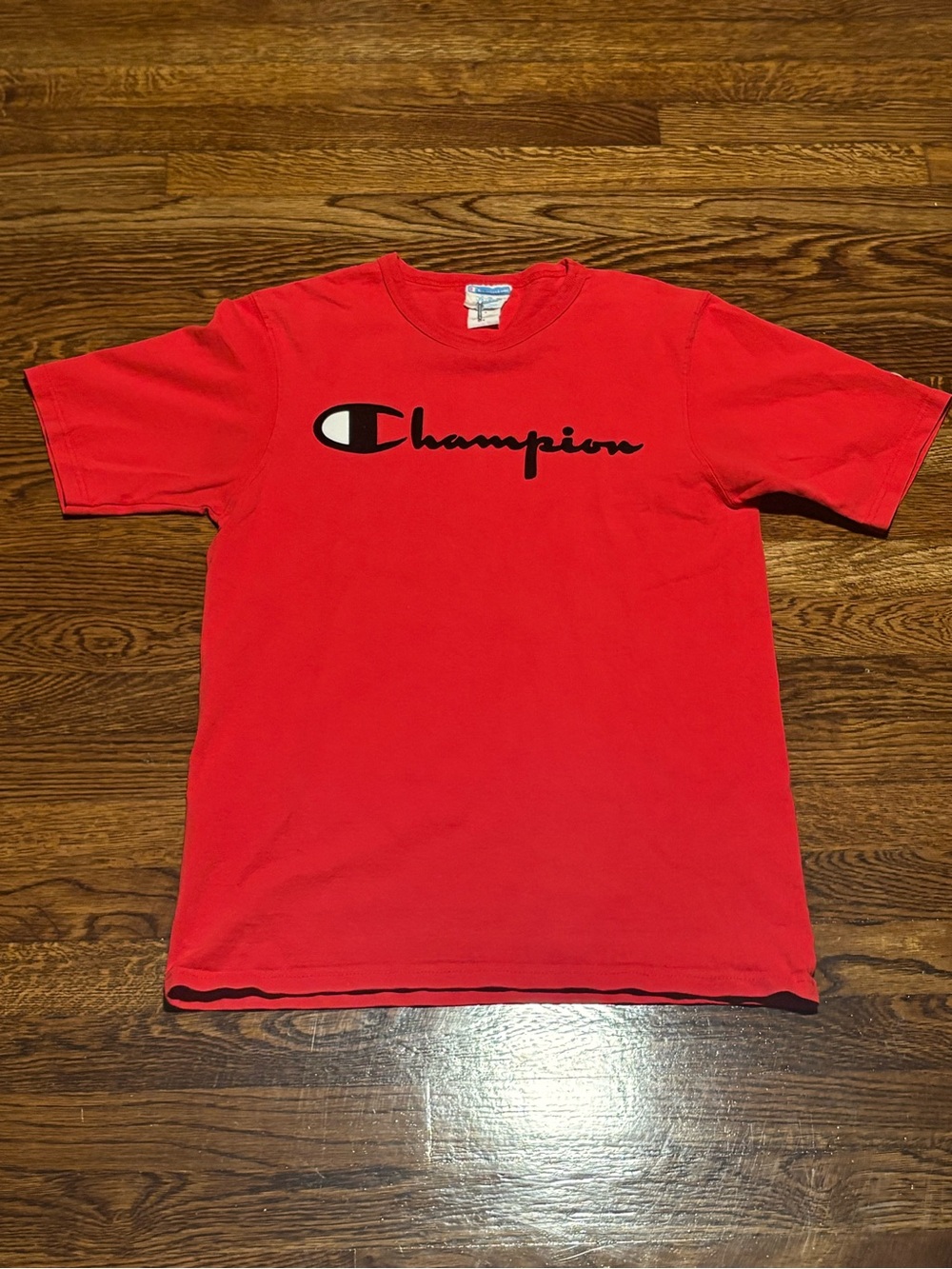 Vintage Champion Red Short Sleeve Logo Tee with Black Script